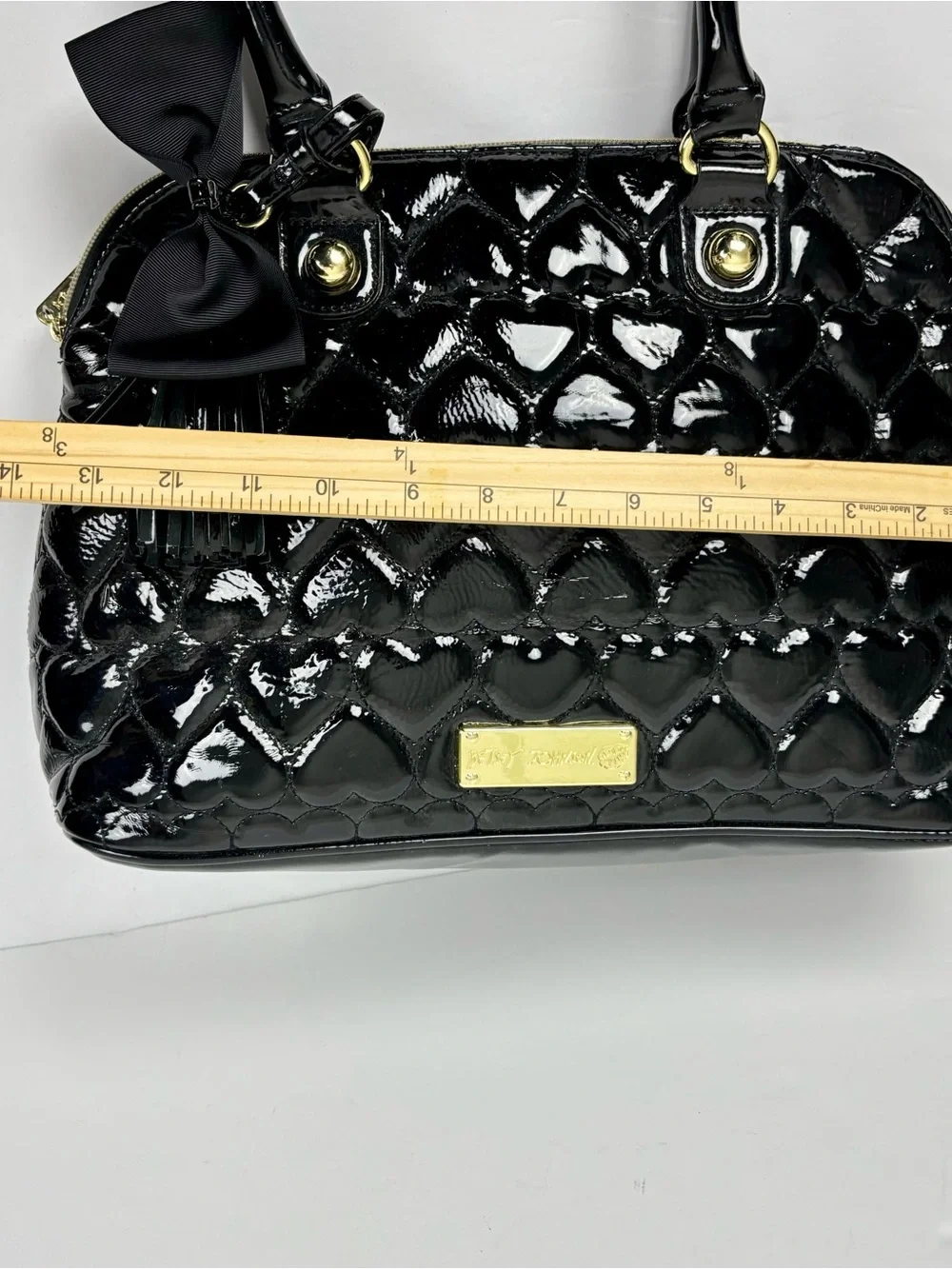 Betsey Johnson Black Quilted Heart Satchel Purse Bow Tassel Charm Glossy Patent
